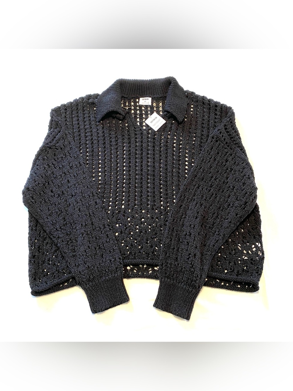 Cotton On NWT Open Knit Crochet Top Black Collared V Neck Size S